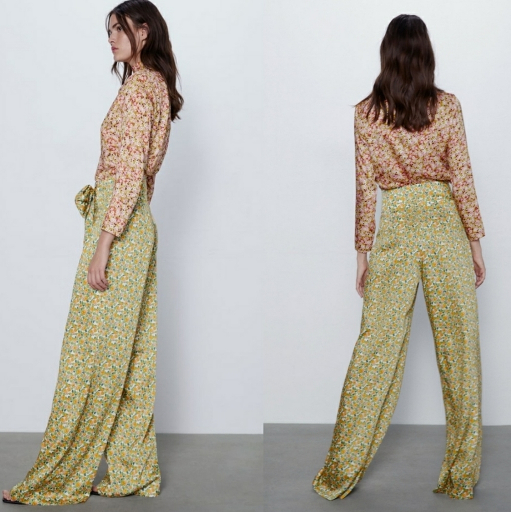 ZARA floral wide leg pants With tie NWT - Picture 7 of 16
